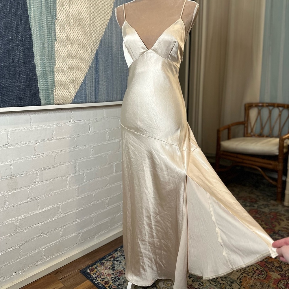 NWT Saints and Secrets Champagne Satin Finish Maxi Dress - Picture 2 of 10